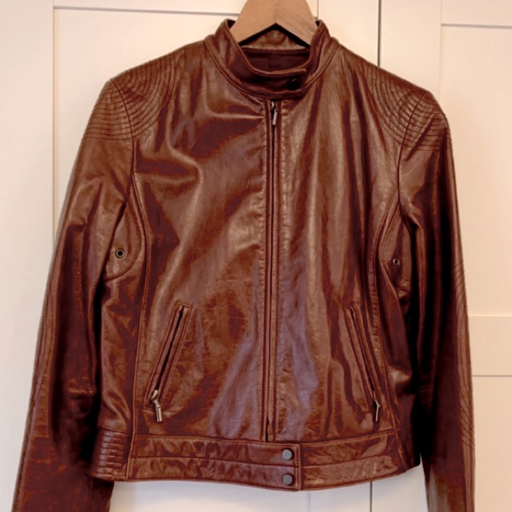 Rust leather moto jacket (Elie Tahari)